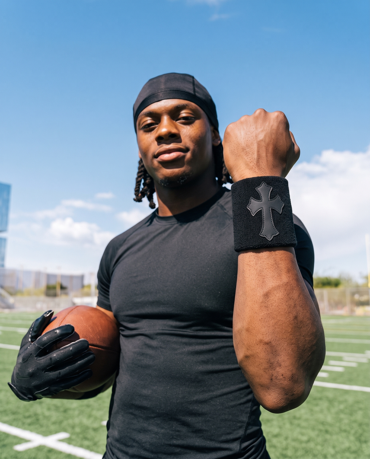 Player wearing the Black &amp; Black Cross Wristband on the field
