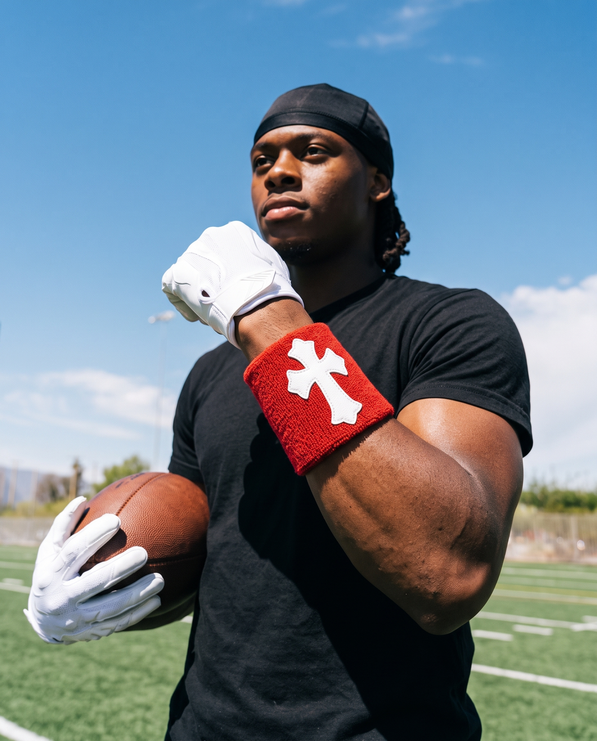 Player wearing the Red &amp; White Cross Wristband on the field
